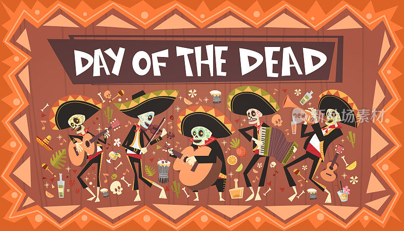 死去的传统墨西哥万圣节Dia De Los Muertos节日派对装饰横幅邀请